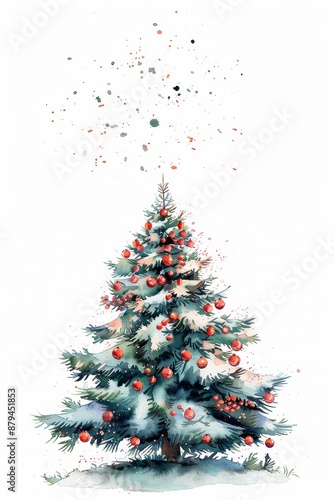 A minimalist watercolor Christmas tree adorned with ornaments, set against a light background with splashes of color