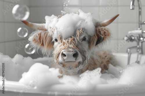Highland Cow Enjoying Bubble Bath
Adorable Highland cow covered in bubbles taking a bath, creating a humorous and charming scene in a white tiled bathroom.