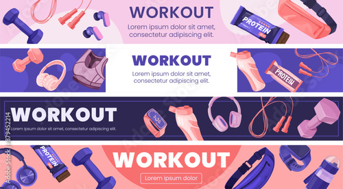 Workout equipment banner set illustration