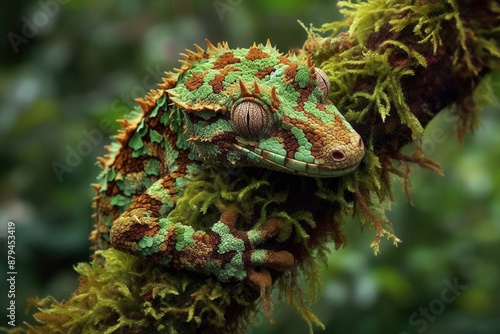 Remarkable camouflage of a perfectly masked mossy leaf-tailed gecko, adept at changing its skin color to blend seamlessly with its surroundings in Andasibe National Park, Madagascar. photo