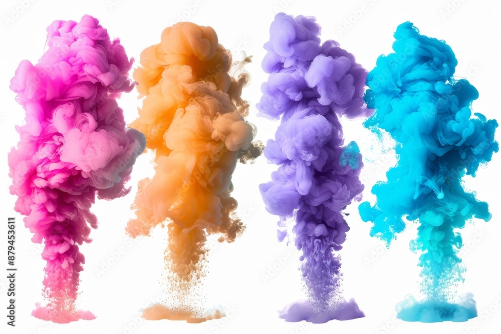 Fototapeta premium From the middle of the bluish-pink smoke, white clouds erupt, fly up and mix with the total mass.. Beautiful simple AI generated image in 4K, unique.