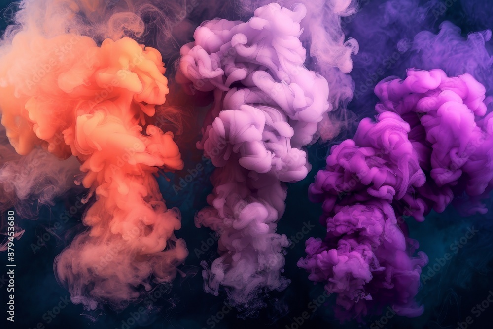 Fototapeta premium From the middle of the bluish-pink smoke, white clouds erupt, fly up and mix with the total mass.. Beautiful simple AI generated image in 4K, unique.