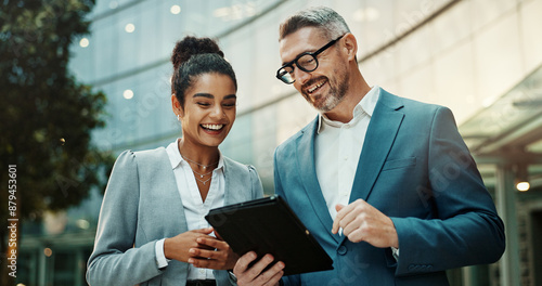 Tableau sur toile Man, woman and tablet for business in city with smile for approval, deal or notification from contact