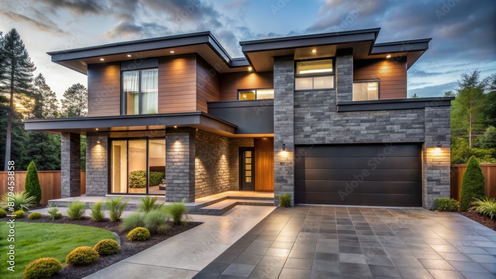 Modern luxury home exterior featuring dark ceramic tile siding, tall entrance, and clean lines set against a picturesque backdrop. Modern luxury home exterior featuring dark ceramic tile siding, tall entrance, and clean lines set against a picturesque backdrop.