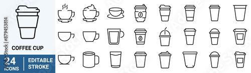 Coffee cup line web icons. Disposable coffee cup. Coffee paper cup, plastic container for hot and cold drink, juice, tea. Vector illustration