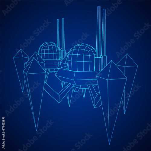 Spider robot with radar antenna. Nanobot, nanotechnology medical concept. Wireframe low poly mesh vector illustration