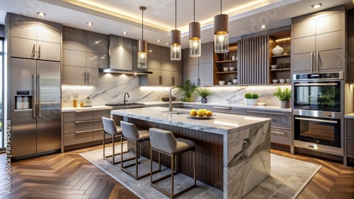 Modern kitchen with sleek appliances, marble countertops, and elegant decor, perfect for showcasing refined interior design and warm atmosphere.
