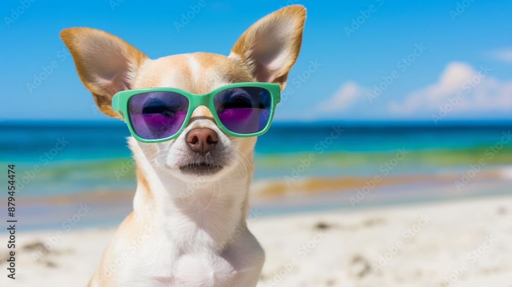 A small dog is wearing sunglasses and standing on a beach. The beach is a beautiful, sunny day with clear blue skies A small dog is wearing sunglasses and standing on a beach. The beach is a beautiful, sunny day with clear blue skies