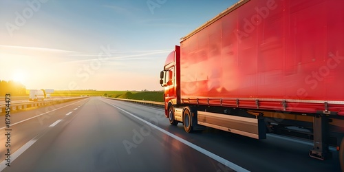 Red cargo truck drives on highway in sunlight symbolizing transportation and logistics. Concept Transportation, Logistics, Cargo Truck, Highway, Sunlight © Anastasiia