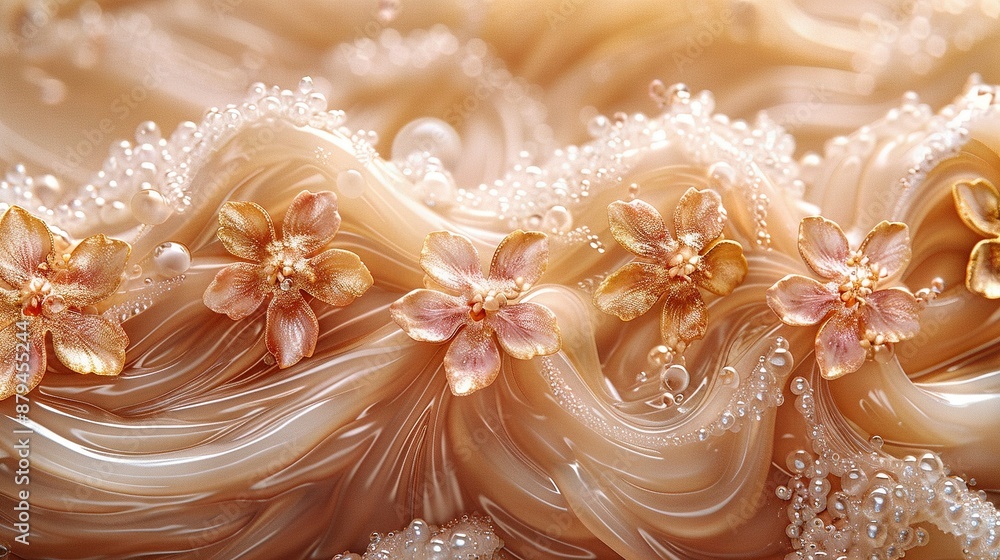 Fototapeta premium A close-up of a dress adorned with flowers on its back and pearls on the skirt's bottom