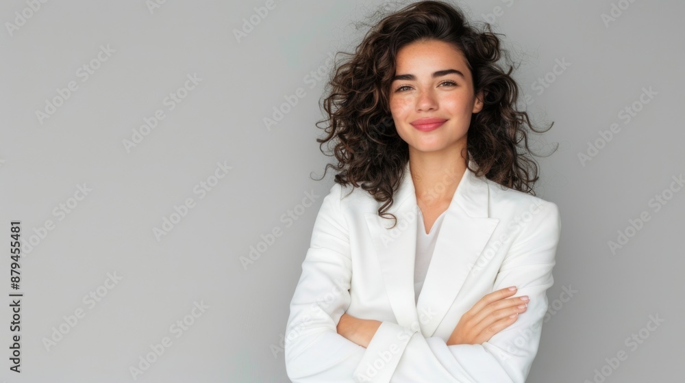 portrait of a beautiful business woman with curly hair wearing a white suit portrait of a beautiful business woman with curly hair wearing a white suit