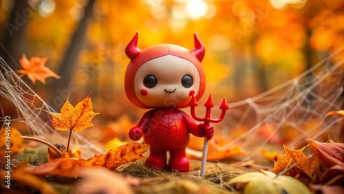 Adorable little devil figurine playfully holds miniature trident shaped like lollipop, surrounded by autumn leaves and spider webs atmosphere.