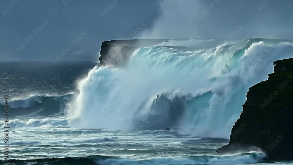 Fierce ocean waves batter rugged cliffs in a powerful storm. Fierce ocean waves batter rugged cliffs in a powerful storm.