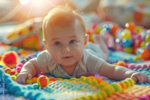 Newborn Play. Portrait of Cute Little Infant Baby playing with toys on Colorful Mat