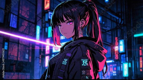 Futuristic 3D render anime cyberpunk characters cartoon video game magenta neon city lights night photo