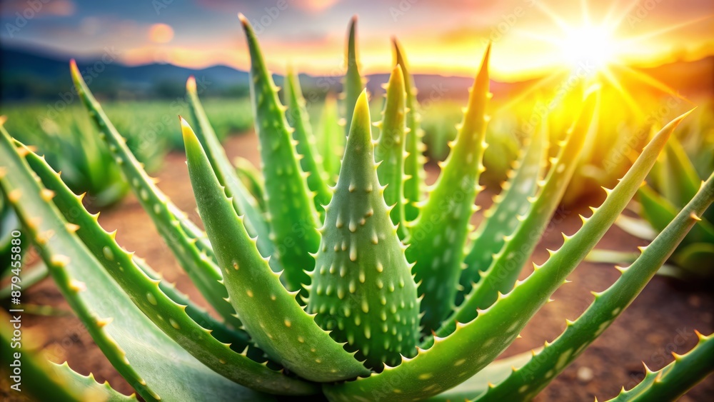 Fresh succulent green aloe vera leaf with thick fleshy texture set against blurred bokeh background of lush farm garden under sunlight. Fresh succulent green aloe vera leaf with thick fleshy texture set against blurred bokeh background of lush farm garden under sunlight.