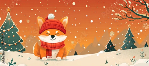 illustration of shiba inu in red knitted hat with christmas tree, banner 