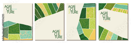 Agriculture field pattern, aerial view card poster with copy space. Countryside grassland, farm land from top. Geometric farmland patches, padded mosaic country background. Flat vector illustration
