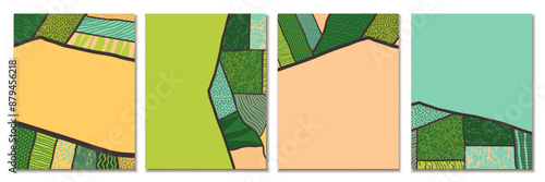 Agriculture field pattern, aerial view card poster with copy space. Countryside grassland, farm land from top. Geometric farmland patches, padded mosaic country background. Flat vector illustration
