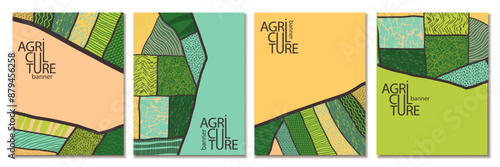Agriculture field pattern, aerial view card poster with copy space. Countryside grassland, farm land from top. Geometric farmland patches, padded mosaic country background. Flat vector illustration