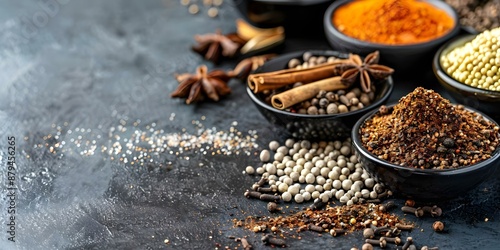 Fototapeta Naklejka Na Ścianę i Meble -  Retro background with raw materials for Chinese five spice powder. Concept Chinese Cooking, Spice Blends, Retro Vibes, Culinary Creations, Raw Ingredients