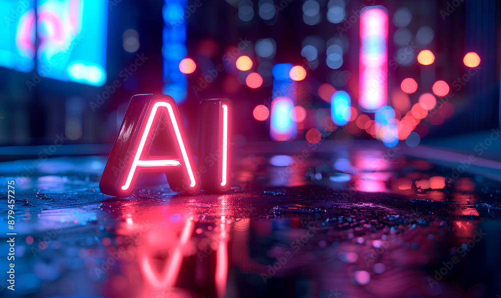 A neon sign spelling AI reflects on wet pavement in the foreground with out of focus city lights in the background A neon sign spelling AI reflects on wet pavement in the foreground with out of focus city lights in the background