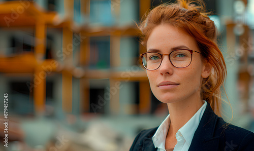 A woman with long, red hair and glasses stands in front of a building under construction