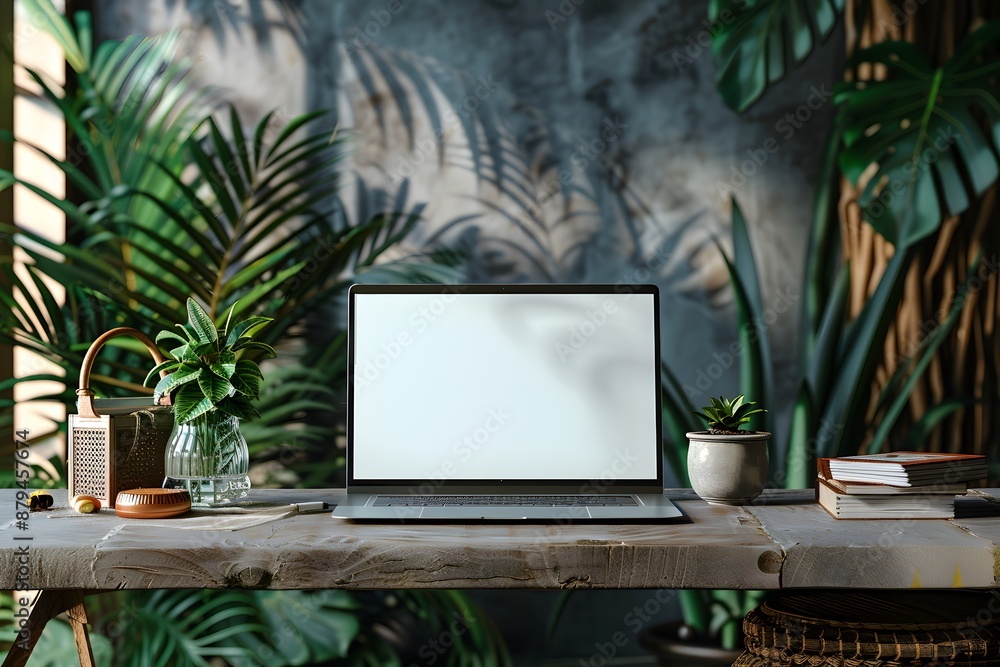 Serene Workspace with Laptop and Lush Greenery Serene Workspace with Laptop and Lush Greenery
