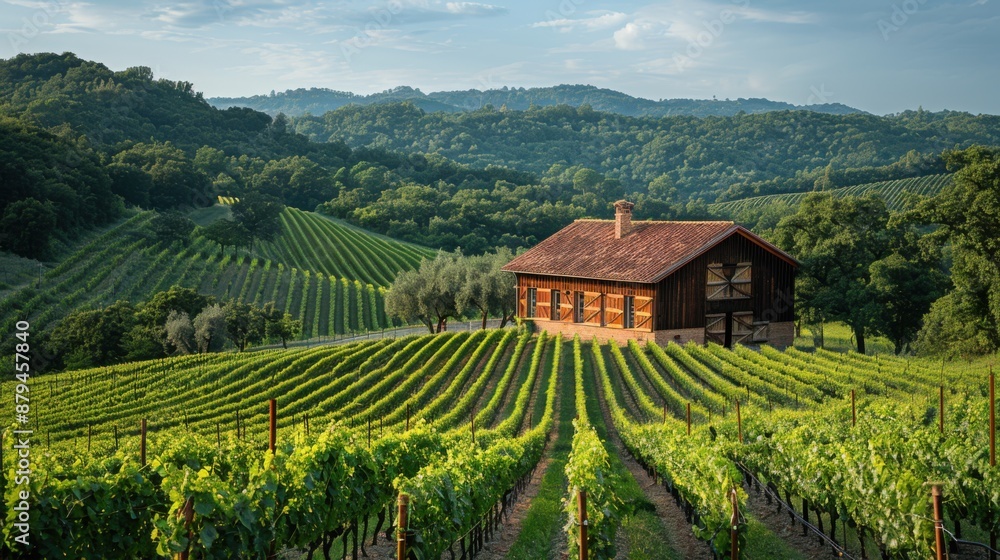 Serene Vineyard Landscape with Wooden Farmhouse: Idyllic Countryside Scene Captured with Fujifilm X-T4 Camera Serene Vineyard Landscape with Wooden Farmhouse: Idyllic Countryside Scene Captured with Fujifilm X-T4 Camera