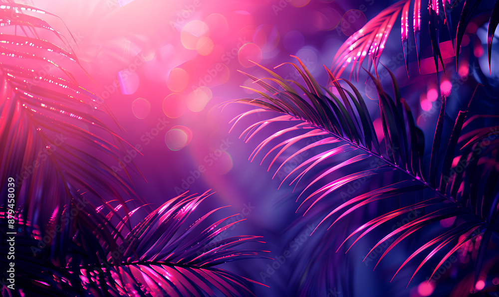 Fototapeta premium Palm fronds backlit by a vibrant pink sunset glow