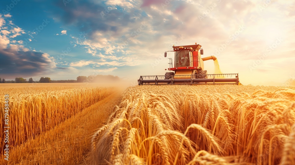 Obraz premium Combine harvester actively working in a wheat field, demonstrating efficient agricultural practices and modern machinery.