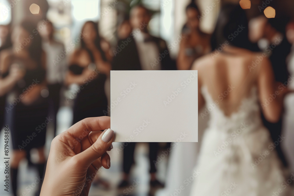 hands holding blank card, bokeh wedding party with bride and groom hands holding blank card, bokeh wedding party with bride and groom