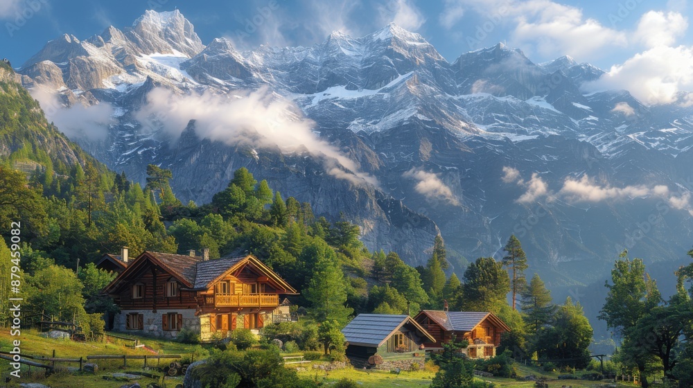 Fototapeta premium Idyllic Alpine Retreat: Snow-Capped Peaks, Charming Cottages, and Serene Scenery