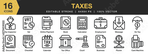 Set of 16 Taxes icon set. Editable Stroke Icon Collection. Includes book, card machine, flower, court, tax office, vat, and More. Outline icons vector collection.