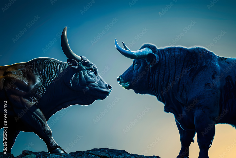 Fototapeta premium a bull versus a bear as business financial stock market concept blue tone background