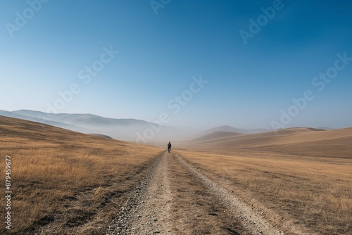lone hiker on a vast empty trail with a clear sky