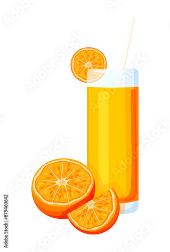 Orange juice in a glass in a cartoon style. Vector illustration of delicious and fresh orange juice in a glass with a white straw, half and a slice of an orange isolated on a white background.