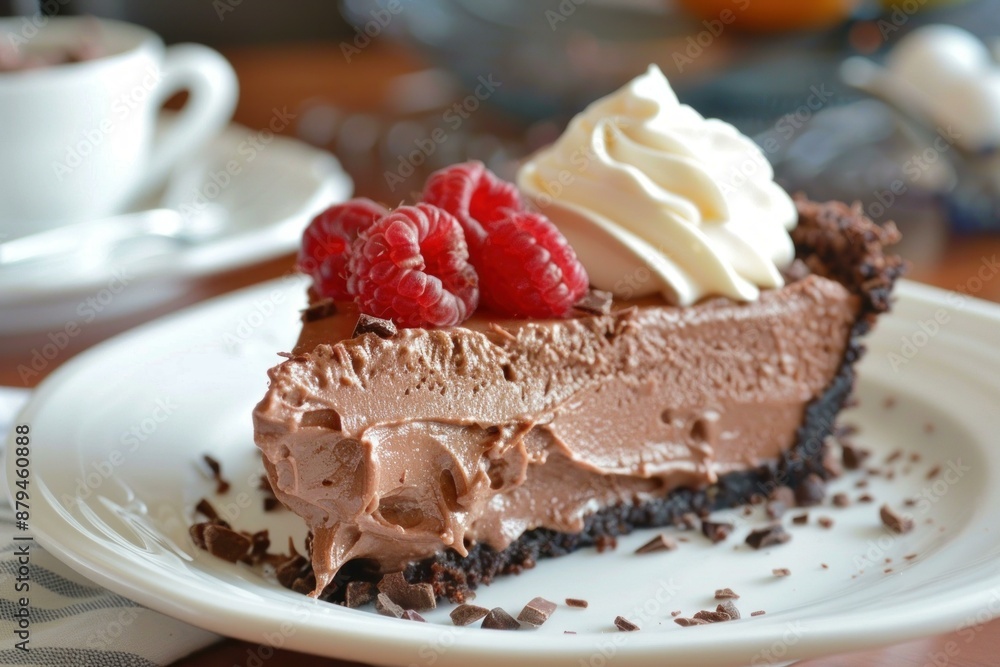 Slice of chocolate mousse pie topped with raspberries and whipped cream being served on white plate Slice of chocolate mousse pie topped with raspberries and whipped cream being served on white plate