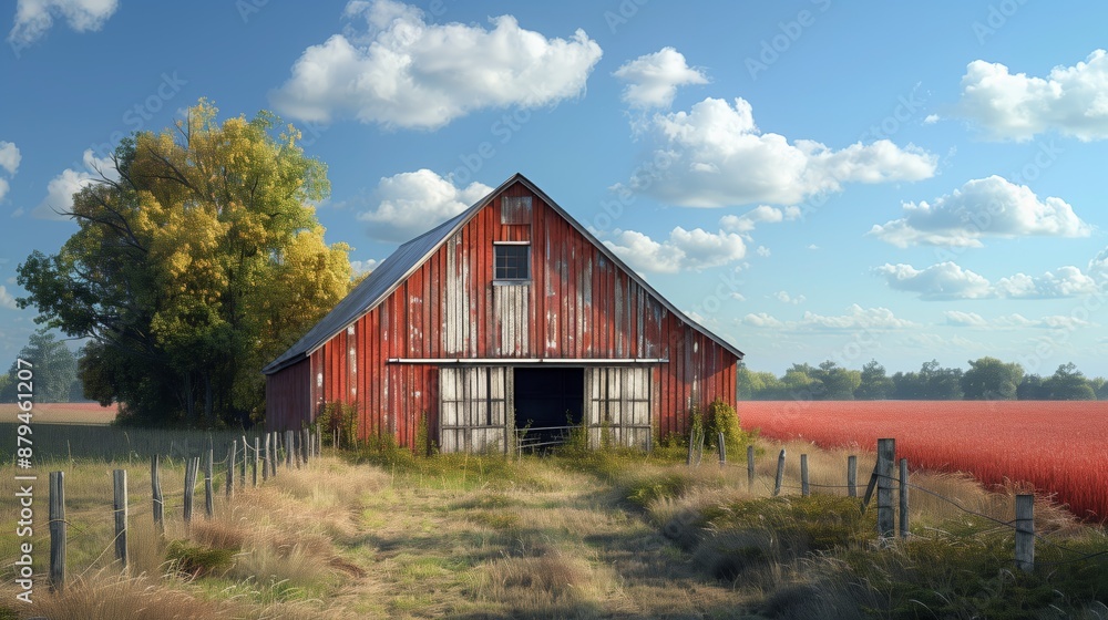 Red Barn in Field with Fence. Red barn stands in a field with a fence under a blue sky, surrounded by grass and a large tree. Red Barn in Field with Fence. Red barn stands in a field with a fence under a blue sky, surrounded by grass and a large tree.