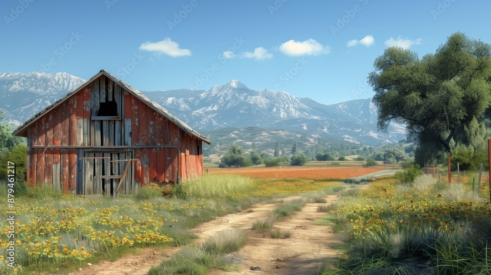 Old Red Barn with Mountain View. Old red barn set against a backdrop of mountains and fields of wildflowers under a clear blue sky. Old Red Barn with Mountain View. Old red barn set against a backdrop of mountains and fields of wildflowers under a clear blue sky.