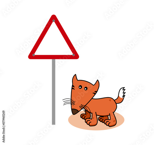 A cute orange fox with a traffic sign on a white background - vector