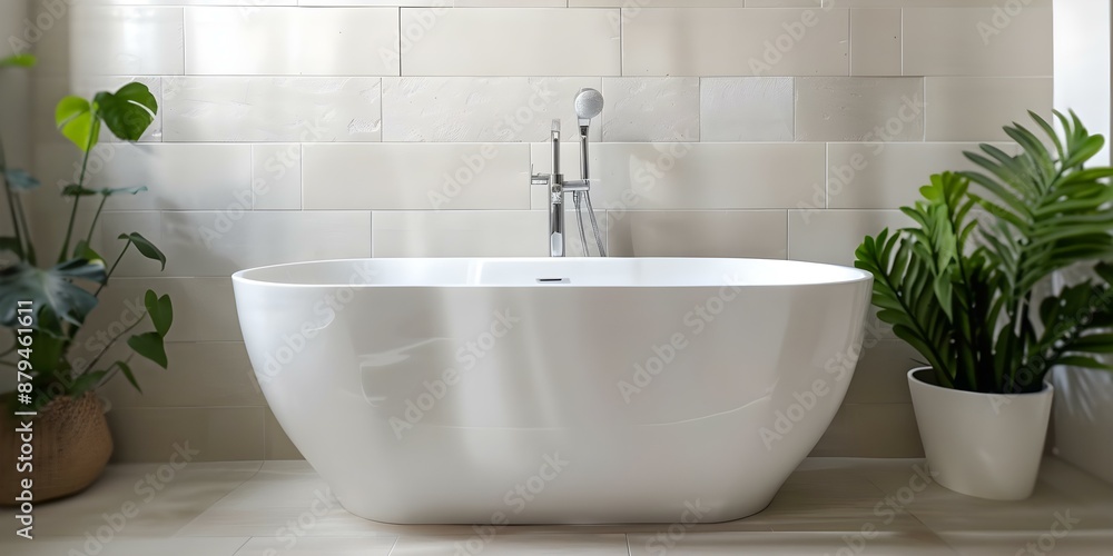 Horizontal shot of a cozy bathroom with green plants and white bathtub. Concept Cozy Bathroom, Green Plants, White Bathtub, Horizontal Shot Horizontal shot of a cozy bathroom with green plants and white bathtub. Concept Cozy Bathroom, Green Plants, White Bathtub, Horizontal Shot