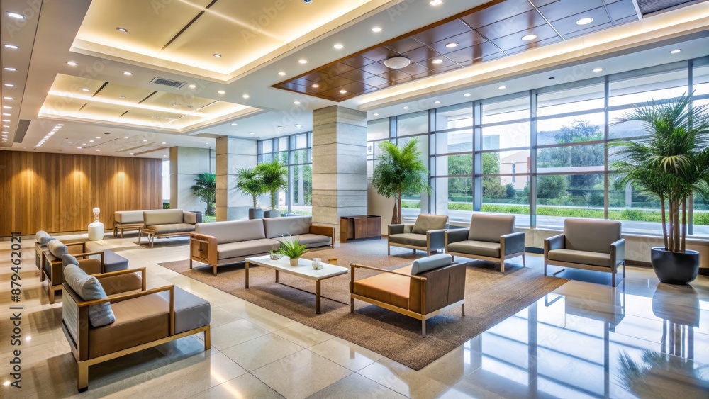 Modern hospital lobby captures sleek design elements, comfortable seating areas, and calming ambiance in a serene, empty atmosphere. Modern hospital lobby captures sleek design elements, comfortable seating areas, and calming ambiance in a serene, empty atmosphere.