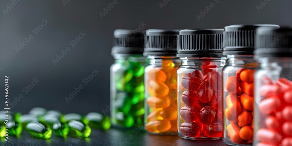 Colorful gummy vitamins in bottles on dark background symbolize health supplements. Concept Health Supplements, Gummy Vitamins, Colorful Bottles, Dark Background, Symbolism Colorful gummy vitamins in bottles on dark background symbolize health supplements. Concept Health Supplements, Gummy Vitamins, Colorful Bottles, Dark Background, Symbolism