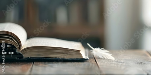 Vintage typewriter with open book and quill pen in front. Concept Description, Antique Set-Up, Vintage Writing Tools, Nostalgic Setting