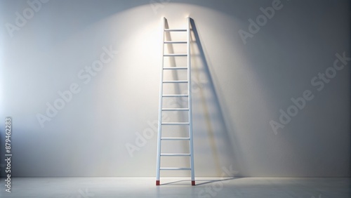 A lone ladder stands upright against a crisp white backdrop, conveying perseverance and ascension towards lofty goals and triumph. photo
