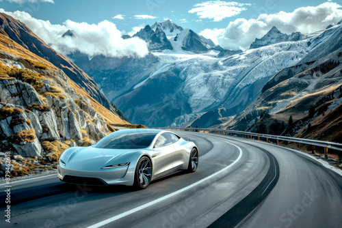 A sleek, modern car is driving on a winding mountain road, surrounded by beautiful, snow-covered peaks and vibrant autumn foliage under a clear sky.