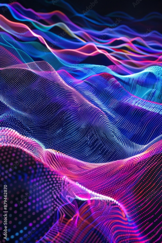 Undulating waves of neon light in contrasting colors against a dark background, resembling a digital sea of light. Undulating waves of neon light in contrasting colors against a dark background, resembling a digital sea of light.