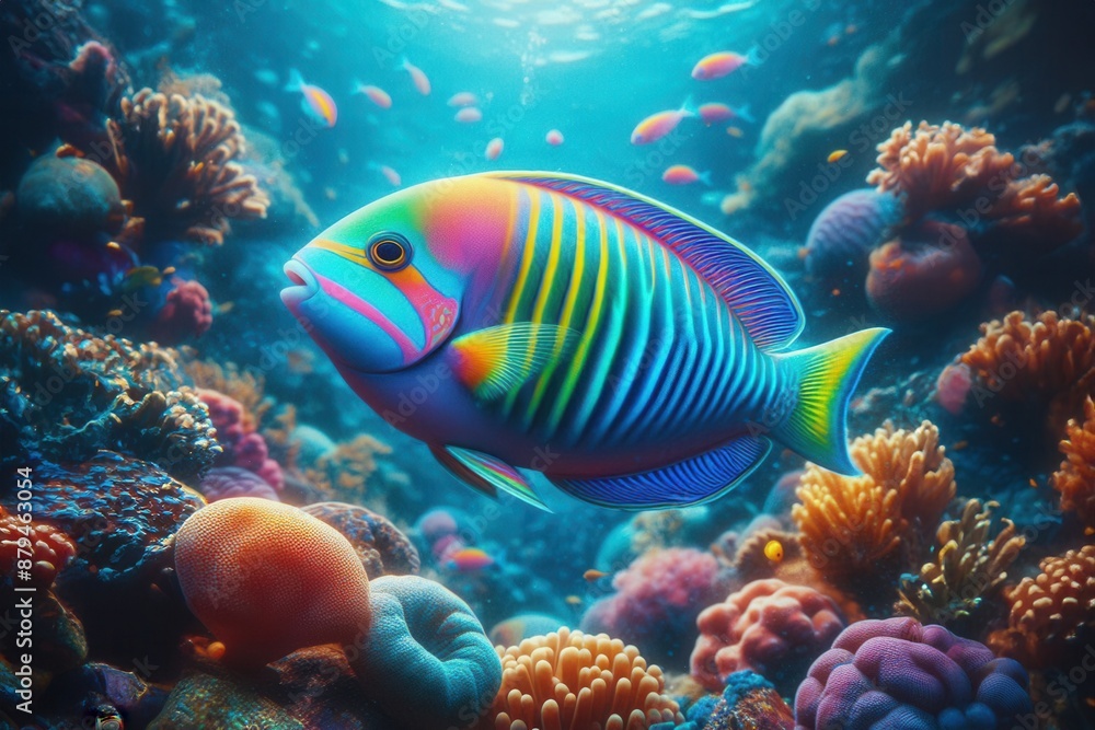 Beautiful Thalassoma lunare, commonly known as the Moon Wrasse rainbow fish underwater in the tropical waters of the ocean. They are characterized by their bright and vibrant coloration Beautiful Thalassoma lunare, commonly known as the Moon Wrasse rainbow fish underwater in the tropical waters of the ocean. They are characterized by their bright and vibrant coloration
