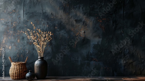 Dark charcoal wall with plants in dark moody room